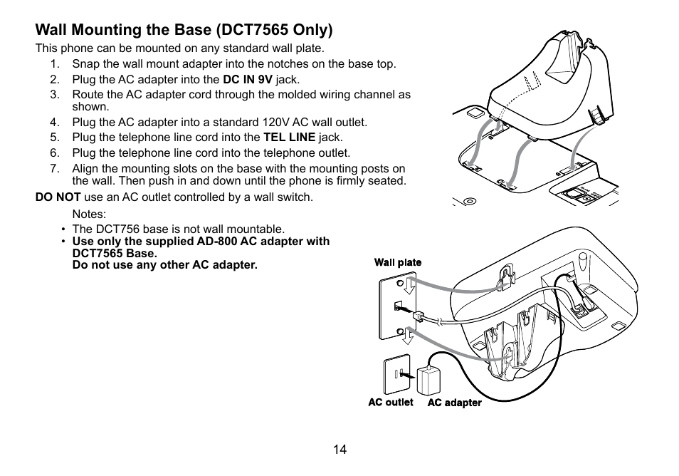 Wall mounting the base (dct7565 only) | Uniden DCT756 User Manual | Page 14 / 60