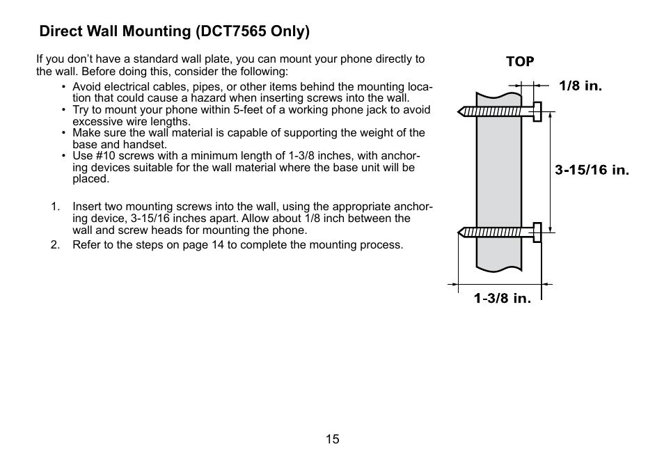 Direct wall mounting (dct7565 only) | Uniden DCT756 User Manual | Page 15 / 60