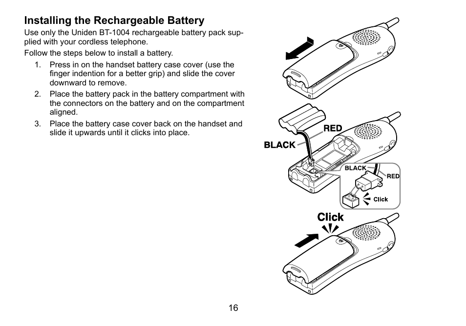 Installing the rechargeable battery | Uniden DCT756 User Manual | Page 16 / 60