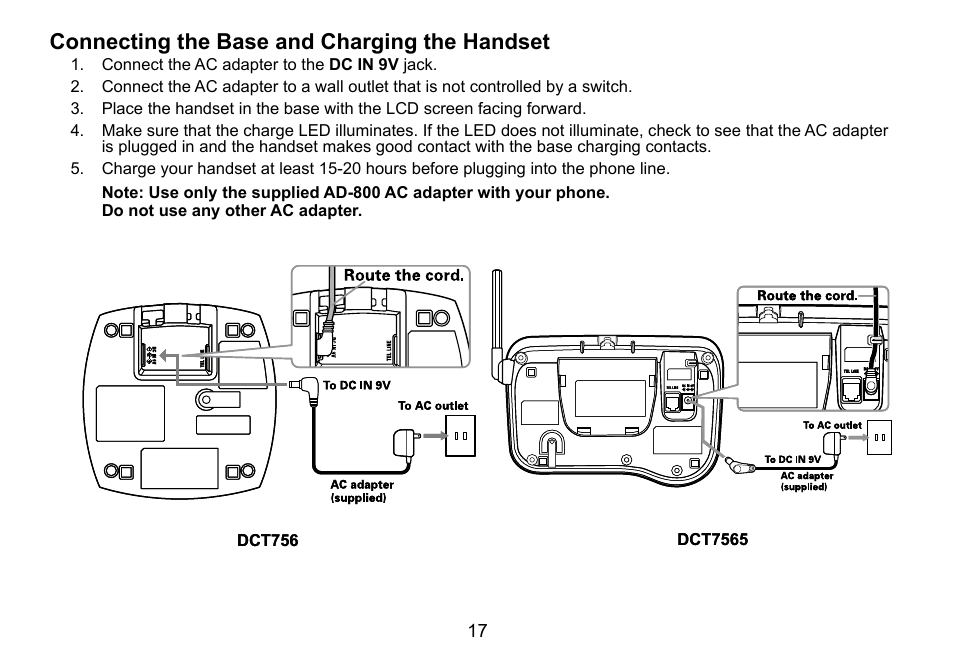 Connecting the base and charging the handset | Uniden DCT756 User Manual | Page 17 / 60