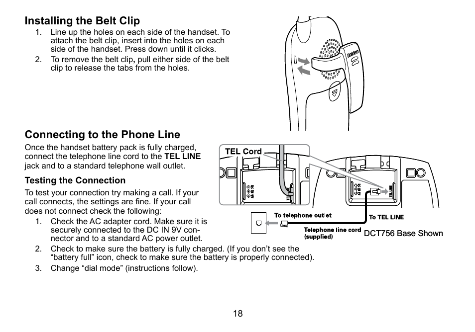 Installing the belt clip, Connecting to the phone line | Uniden DCT756 User Manual | Page 18 / 60