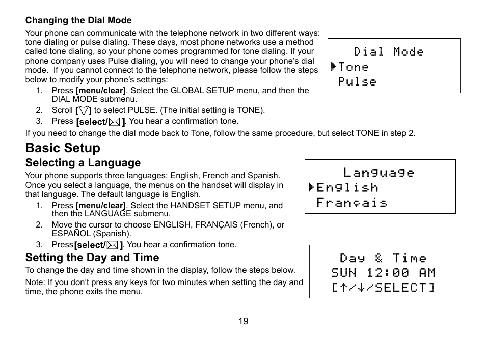 Basic setup, Selecting a language, Setting the day and time | Uniden DCT756 User Manual | Page 19 / 60