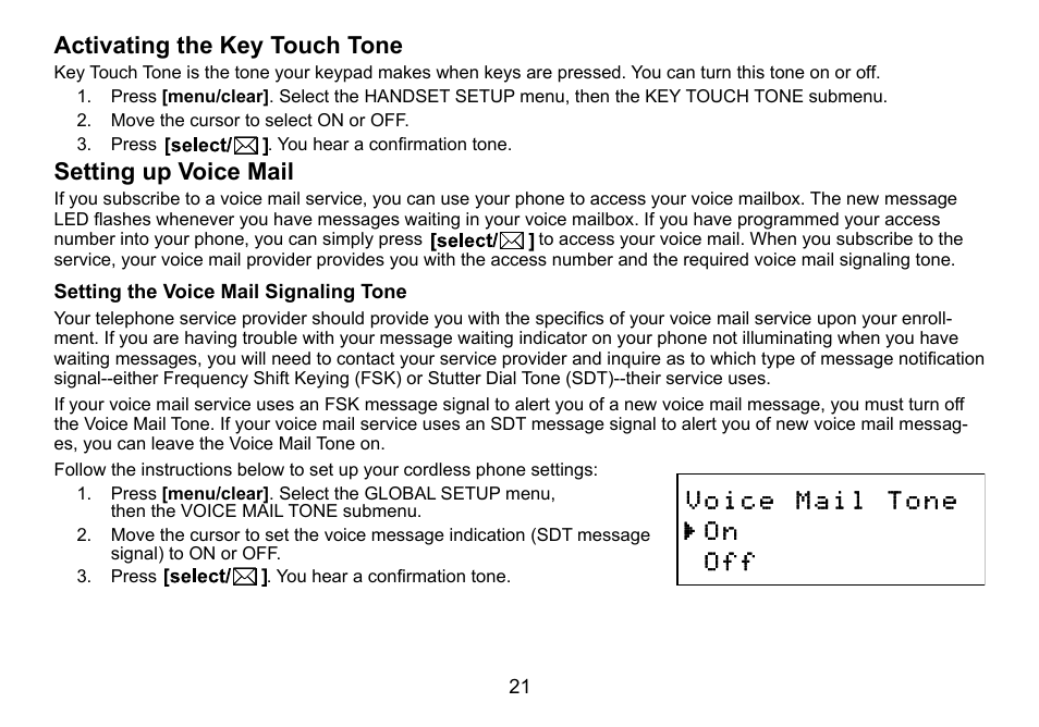 Activating the key touch tone, Setting up voice mail | Uniden DCT756 User Manual | Page 21 / 60