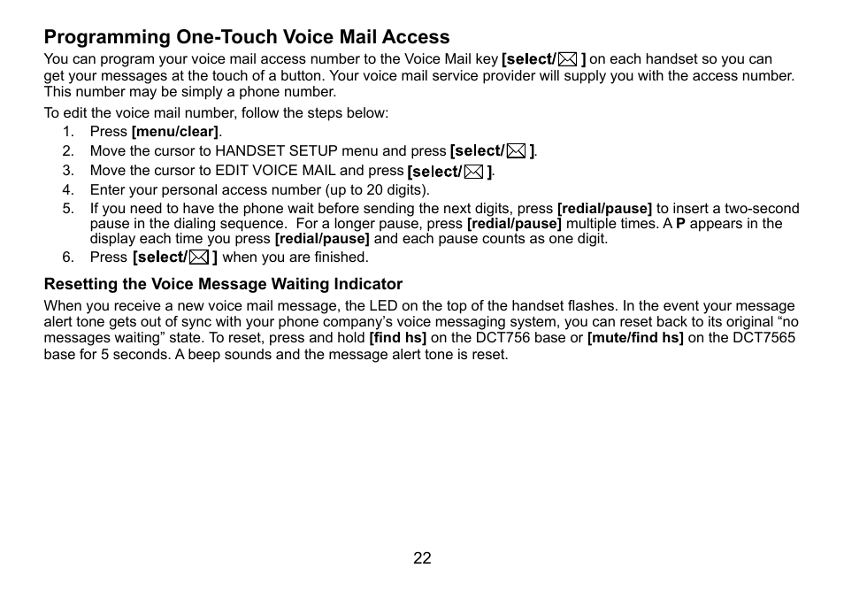 Programming one-touch voice mail access | Uniden DCT756 User Manual | Page 22 / 60