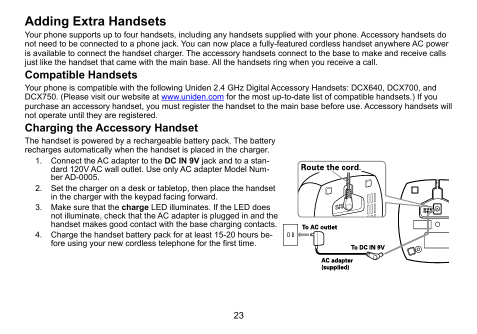 Adding extra handsets, Compatible handsets, Charging the accessory handset | Uniden DCT756 User Manual | Page 23 / 60