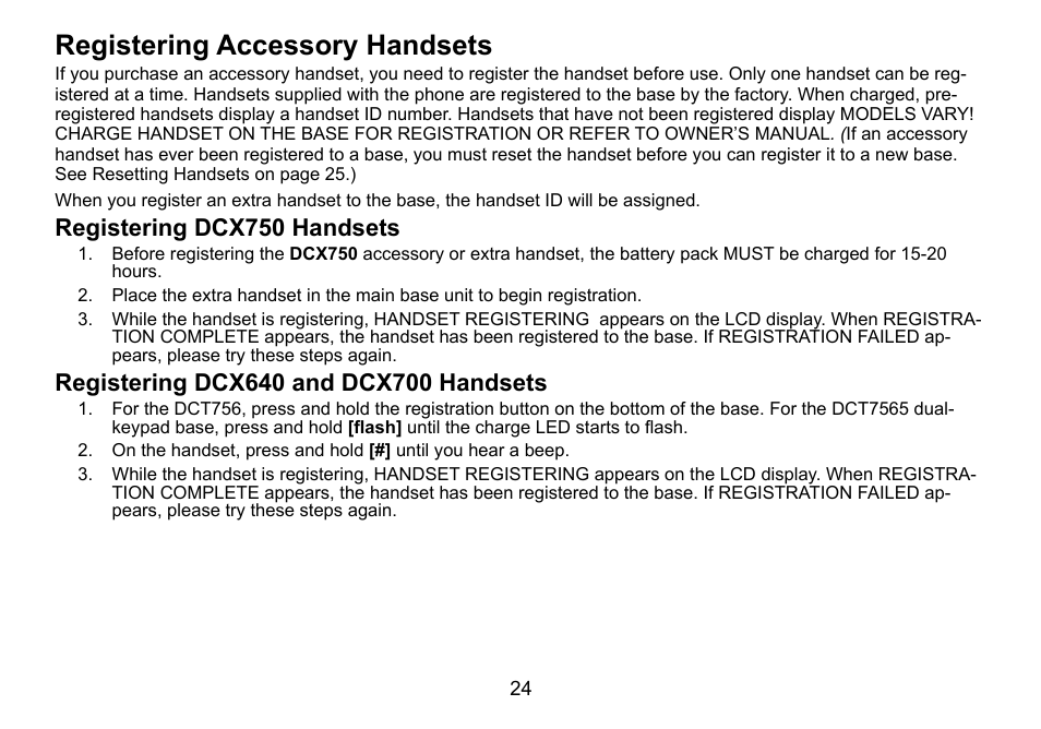 Registering accessory handsets, Registering dcx750 handsets | Uniden DCT756 User Manual | Page 24 / 60