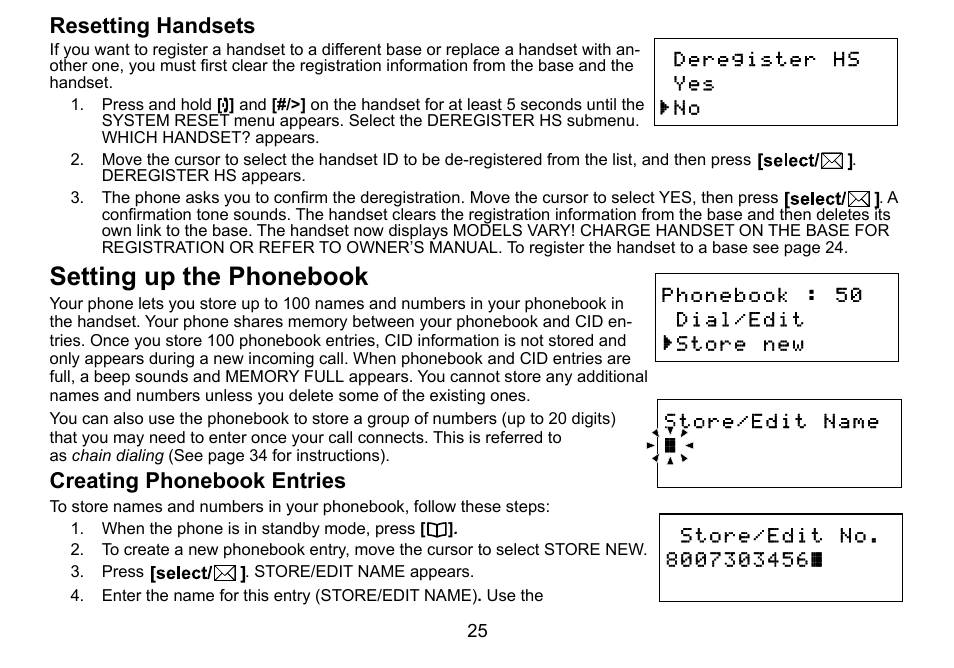 Setting up the phonebook, Resetting handsets, Creating phonebook entries | Uniden DCT756 User Manual | Page 25 / 60