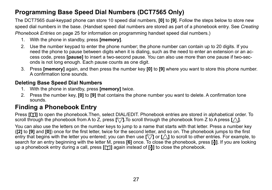 Programming base speed dial numbers (dct7565 only), Finding a phonebook entry | Uniden DCT756 User Manual | Page 27 / 60