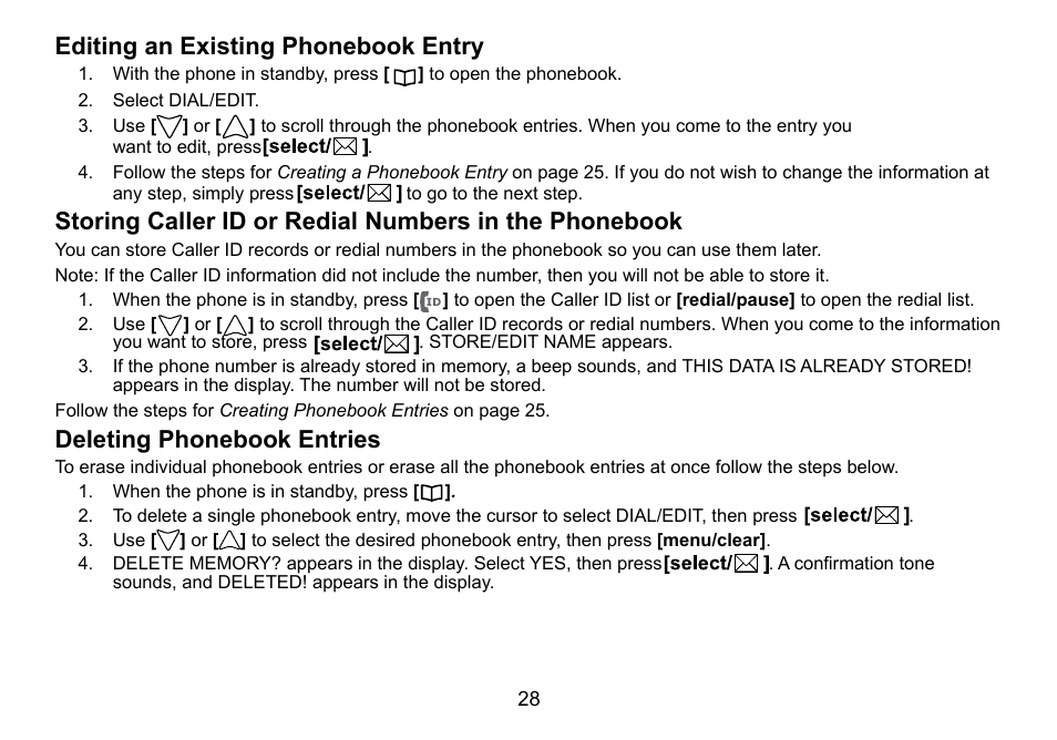 Editing an existing phonebook entry, Deleting phonebook entries | Uniden DCT756 User Manual | Page 28 / 60