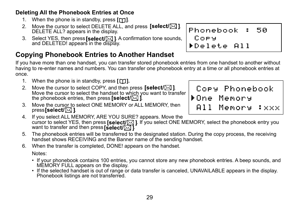 Copying phonebook entries to another handset | Uniden DCT756 User Manual | Page 29 / 60