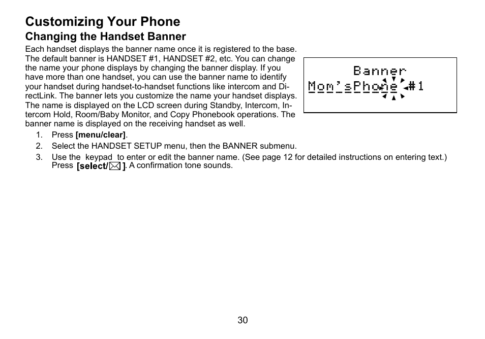 Customizing your phone, Changing the handset banner | Uniden DCT756 User Manual | Page 30 / 60