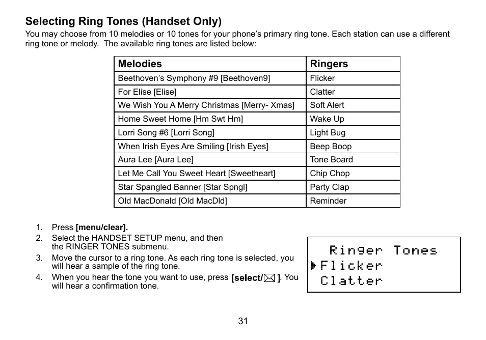 Selecting ring tones (handset only), Melodies ringers | Uniden DCT756 User Manual | Page 31 / 60