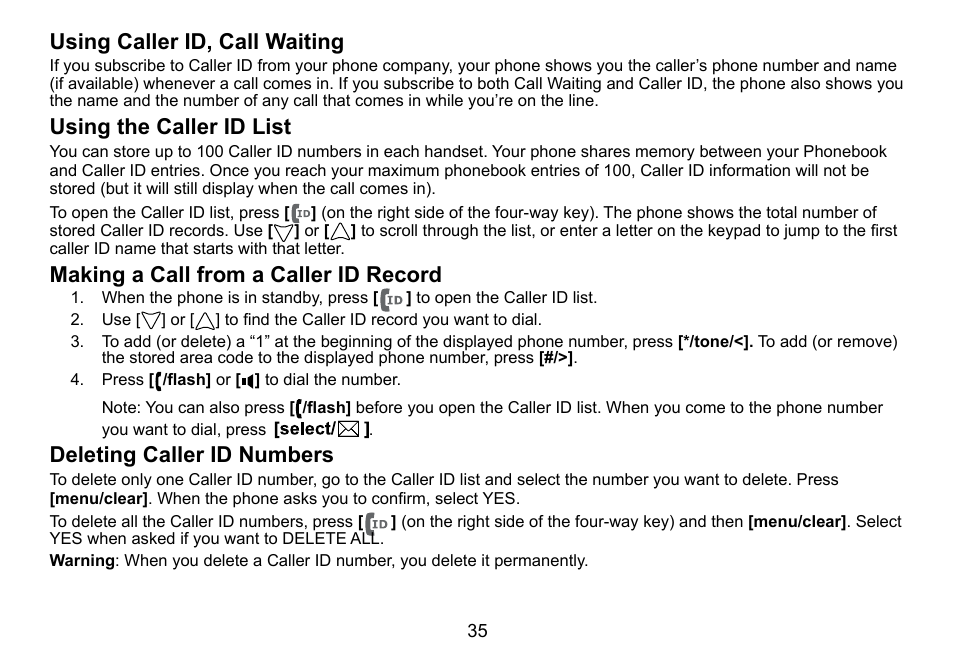 Using caller id, call waiting, Using the caller id list, Making a call from a caller id record | Deleting caller id numbers | Uniden DCT756 User Manual | Page 35 / 60