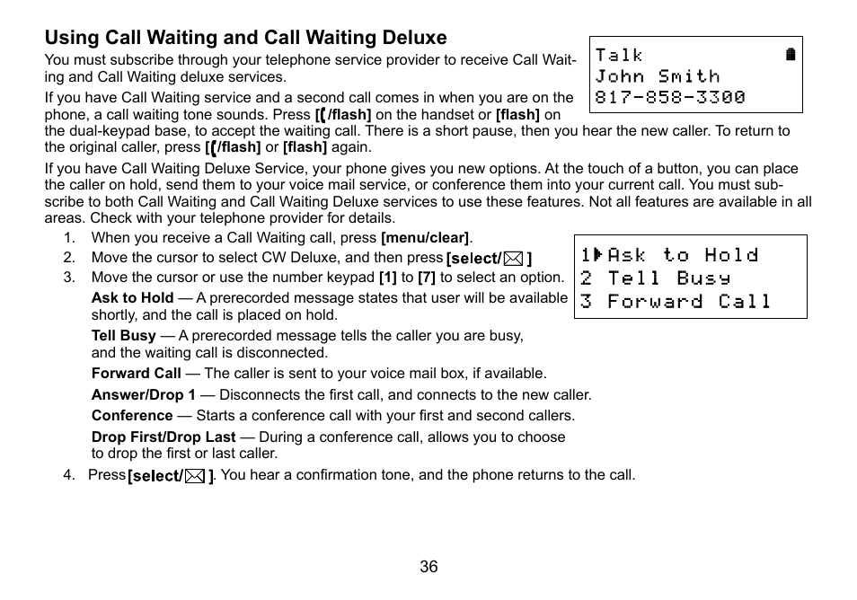 Using call waiting and call waiting deluxe | Uniden DCT756 User Manual | Page 36 / 60