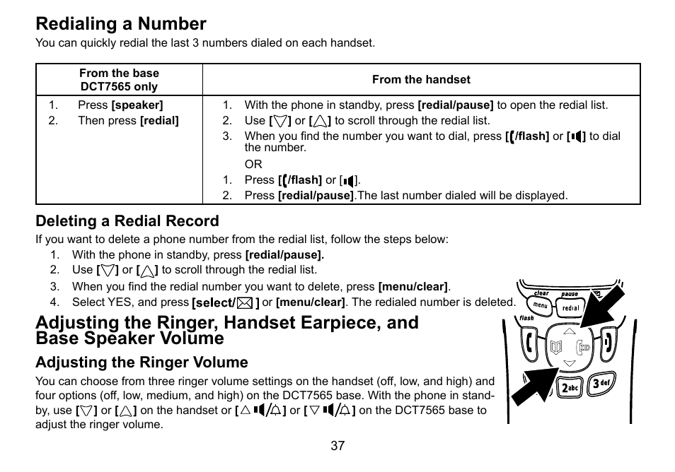 Redialing a number, Deleting a redial record, Adjusting the ringer volume | Uniden DCT756 User Manual | Page 37 / 60