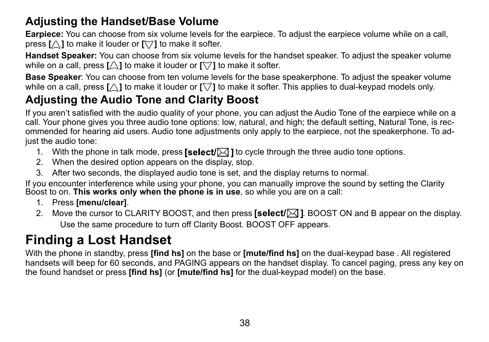 Finding a lost handset, Adjusting the handset/base volume, Adjusting the audio tone and clarity boost | Uniden DCT756 User Manual | Page 38 / 60