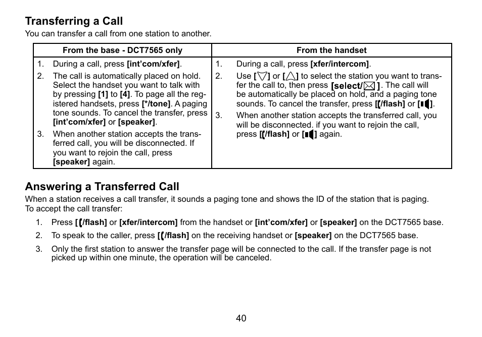 Transferring a call, Answering a transferred call | Uniden DCT756 User Manual | Page 40 / 60