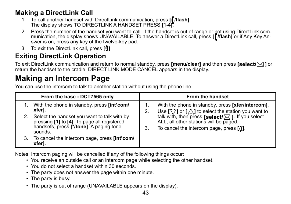 Making an intercom page, Making a directlink call, Exiting directlink operation | Uniden DCT756 User Manual | Page 43 / 60