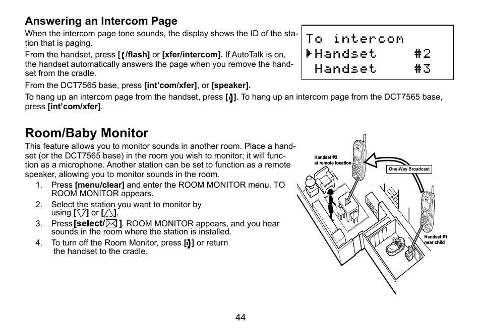 Room/baby monitor, Answering an intercom page | Uniden DCT756 User Manual | Page 44 / 60