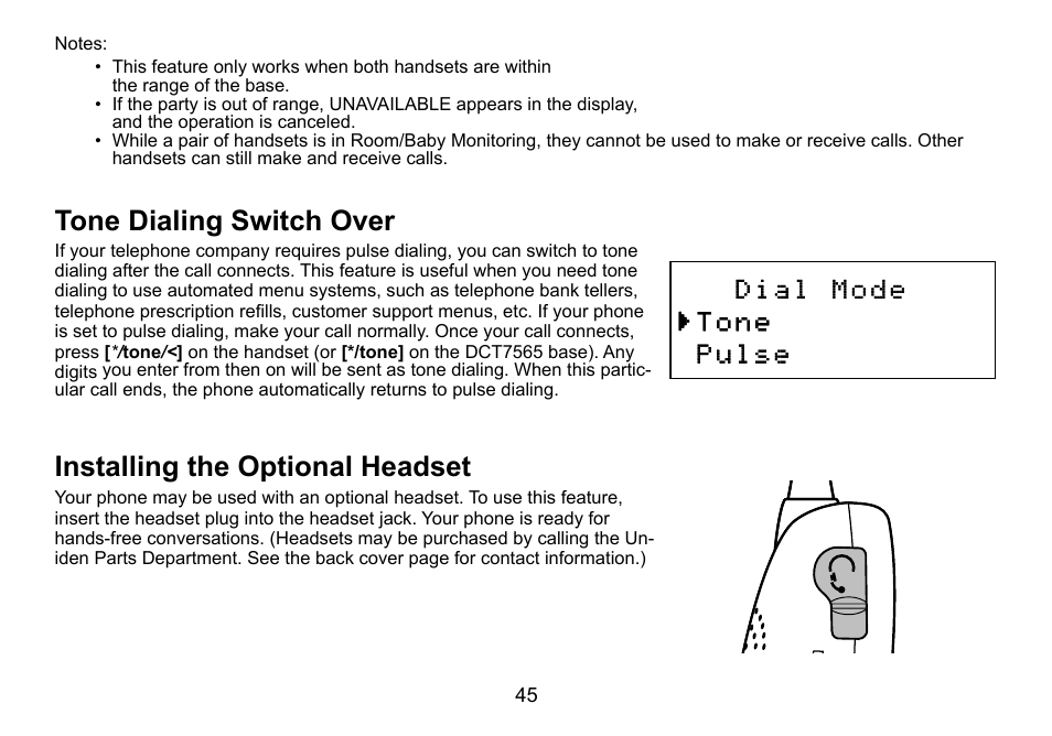 Tone dialing switch over, Installing the optional headset | Uniden DCT756 User Manual | Page 45 / 60