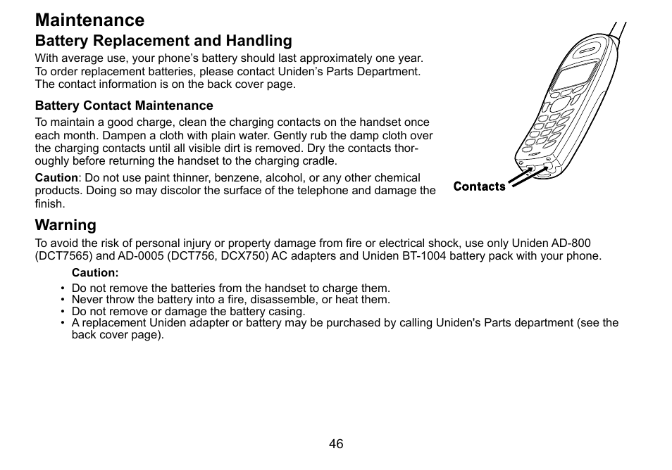 Maintenance, Battery replacement and handling, Warning | Uniden DCT756 User Manual | Page 46 / 60