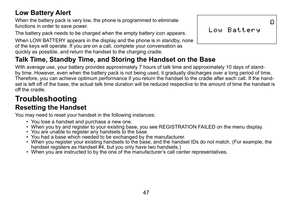 Troubleshooting, Low battery alert, Resetting the handset | Uniden DCT756 User Manual | Page 47 / 60