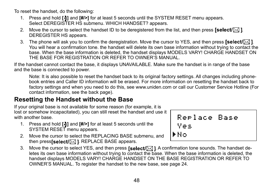 Resetting the handset without the base | Uniden DCT756 User Manual | Page 48 / 60