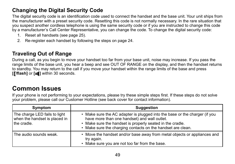 Common issues, Changing the digital security code, Traveling out of range | Uniden DCT756 User Manual | Page 49 / 60