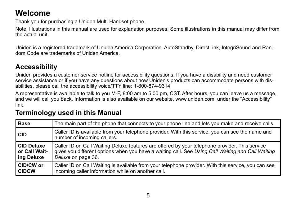 Welcome, Accessibility, Terminology used in this manual | Uniden DCT756 User Manual | Page 5 / 60