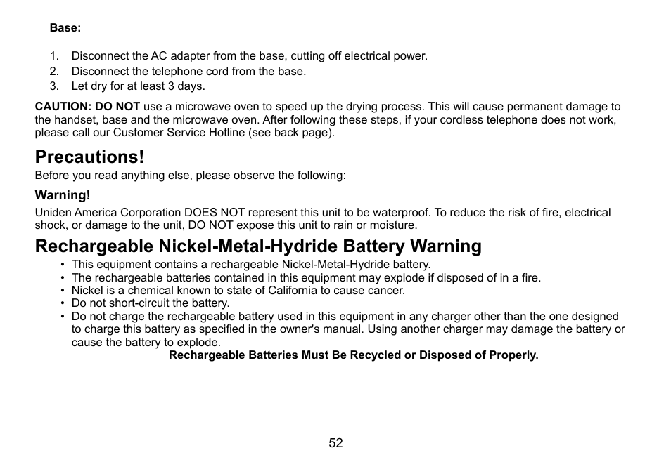 Precautions, Rechargeable nickel-metal-hydride battery warning | Uniden DCT756 User Manual | Page 52 / 60