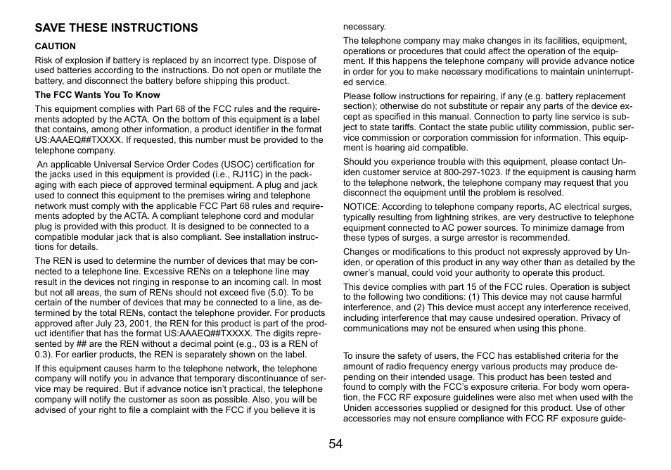 Save these instructions | Uniden DCT756 User Manual | Page 54 / 60