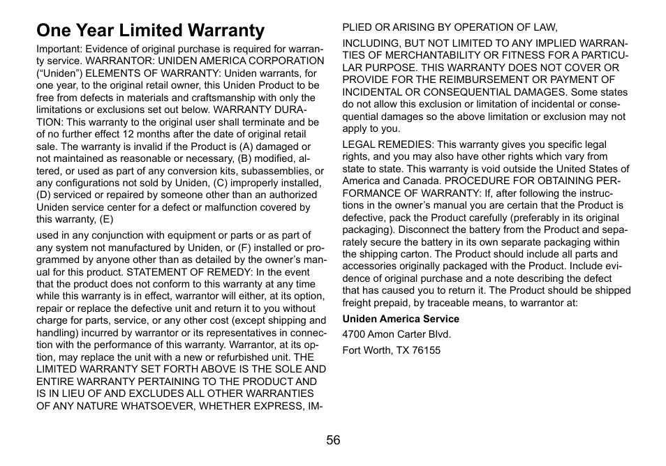 One year limited warranty | Uniden DCT756 User Manual | Page 56 / 60