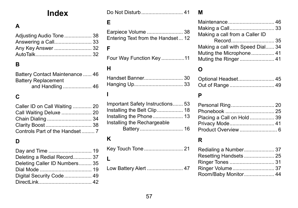 Index | Uniden DCT756 User Manual | Page 57 / 60