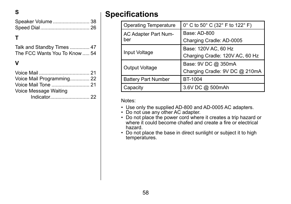 Specifications | Uniden DCT756 User Manual | Page 58 / 60