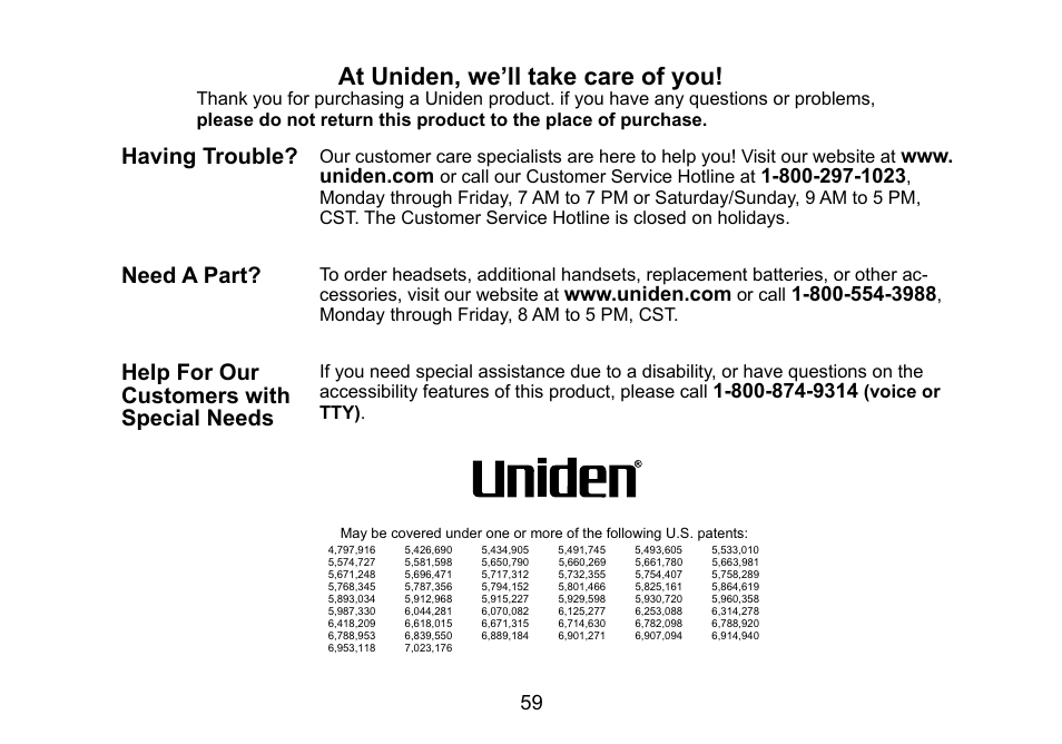 At uniden, we’ll take care of you, Having trouble, Need a part | Help for our customers with special needs, Or.call.our.customer.service.hotline.at, Or.call, Monday.through.friday,.8.am.to.5.pm,.cst, Voice or tty) | Uniden DCT756 User Manual | Page 59 / 60