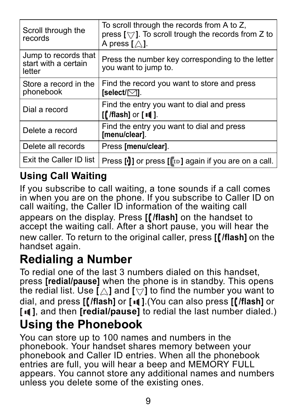 Using call waiting, Redialing a number, Using the phonebook | Uniden DCX750 User Manual | Page 10 / 20