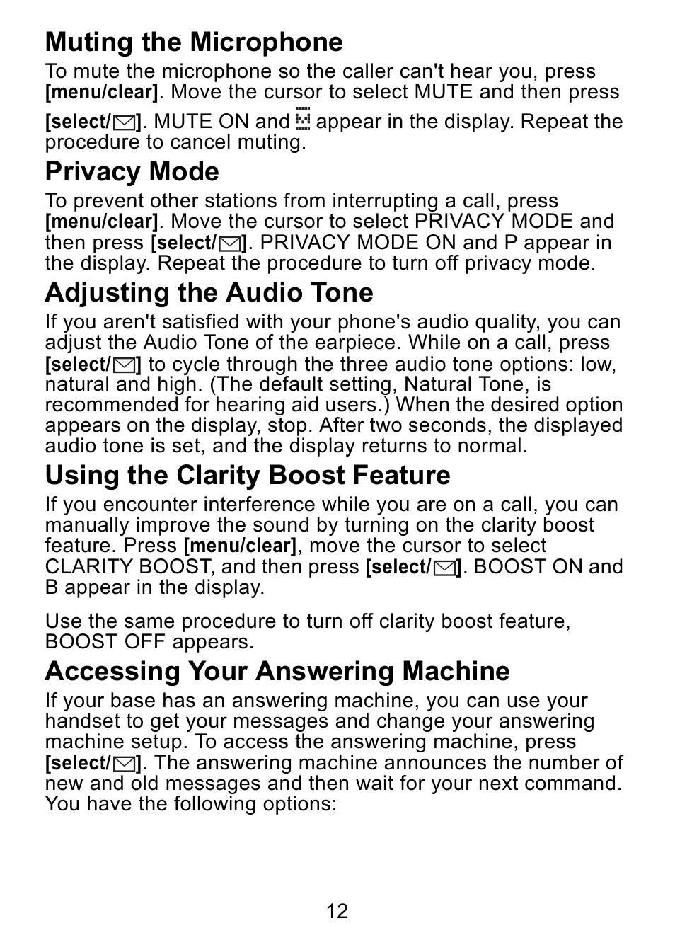 Muting the microphone, Privacy mode, Adjusting the audio tone | Using the clarity boost feature, Accessing your answering machine | Uniden DCX750 User Manual | Page 13 / 20