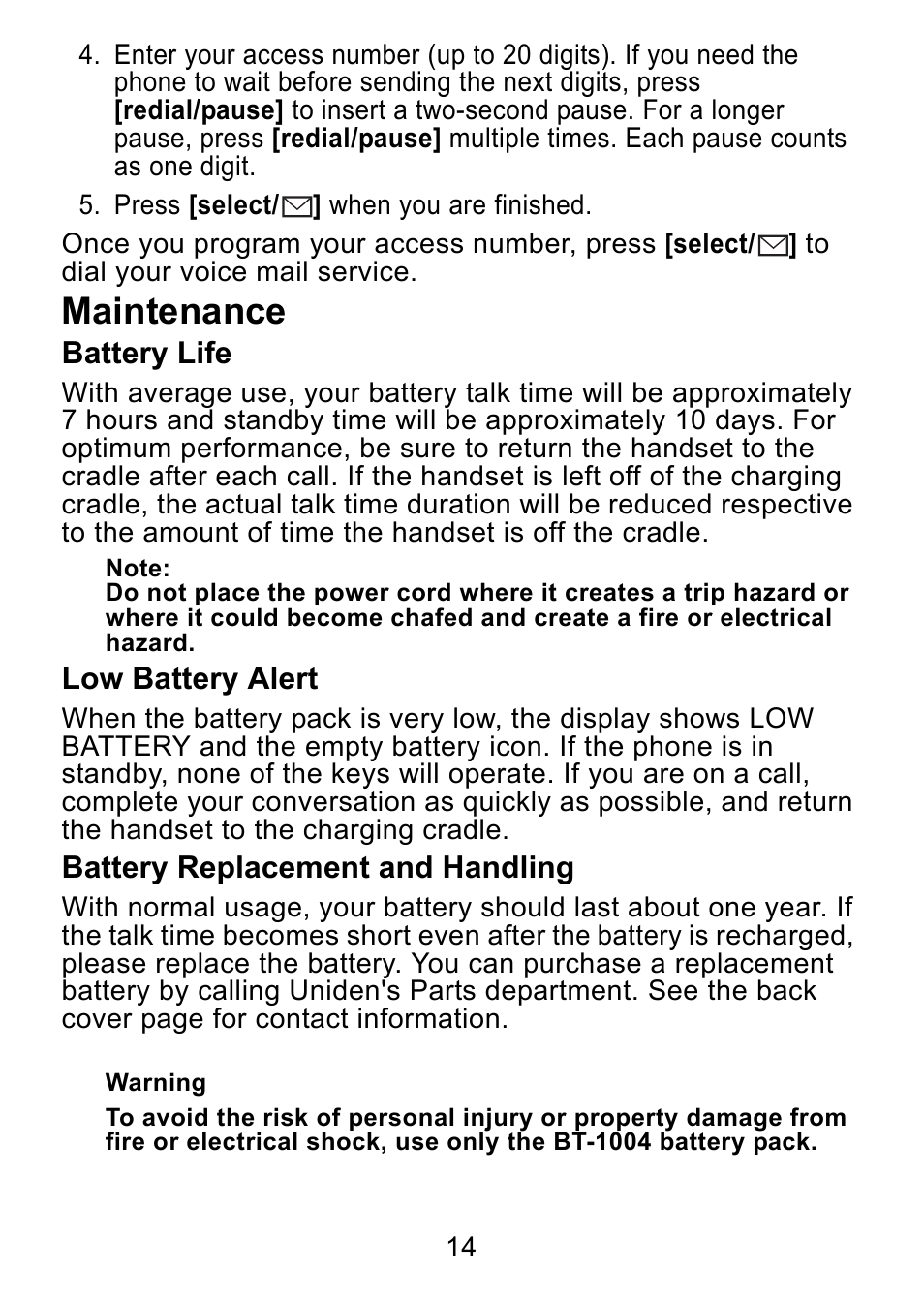 Maintenance, Battery life, Low battery alert | Battery replacement and handling | Uniden DCX750 User Manual | Page 15 / 20