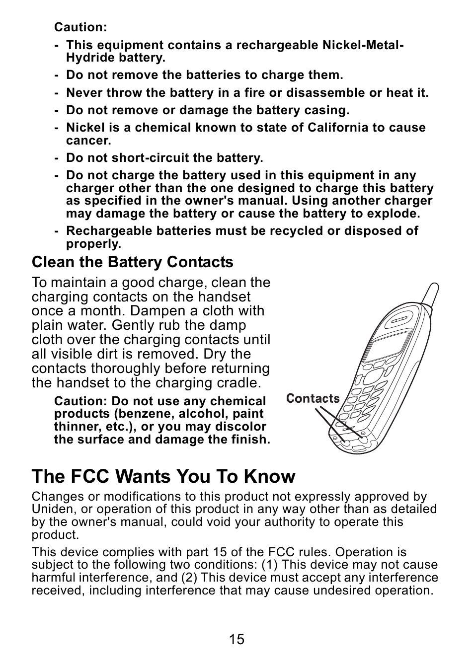 Clean the battery contacts, The fcc wants you to know | Uniden DCX750 User Manual | Page 16 / 20