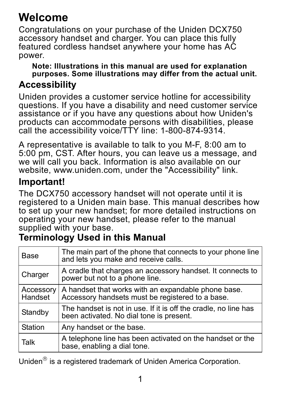 Welcome, Accessibility, Important | Terminology used in this manual | Uniden DCX750 User Manual | Page 2 / 20