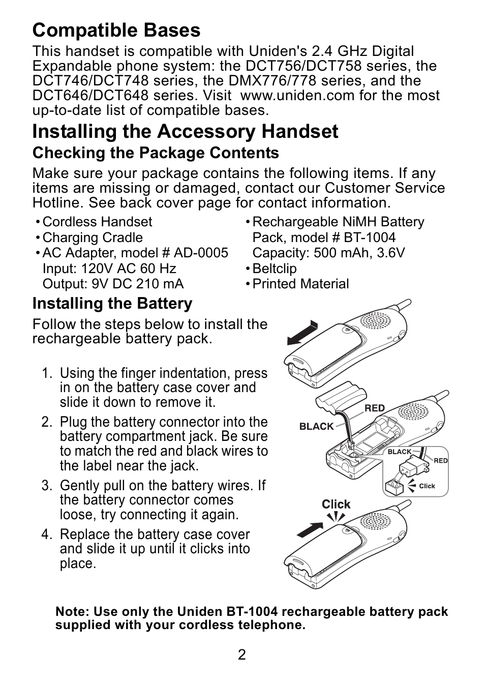 Compatible bases, Installing the accessory handset, Checking the package contents | Installing the battery | Uniden DCX750 User Manual | Page 3 / 20