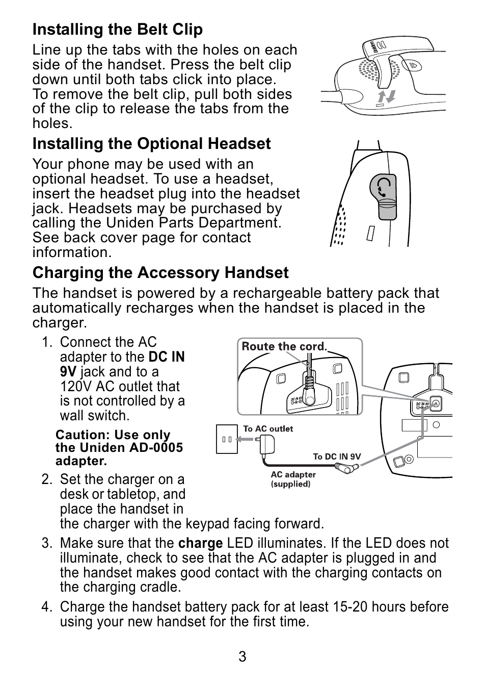 Installing the belt clip, Installing the optional headset, Charging the accessory handset | Uniden DCX750 User Manual | Page 4 / 20