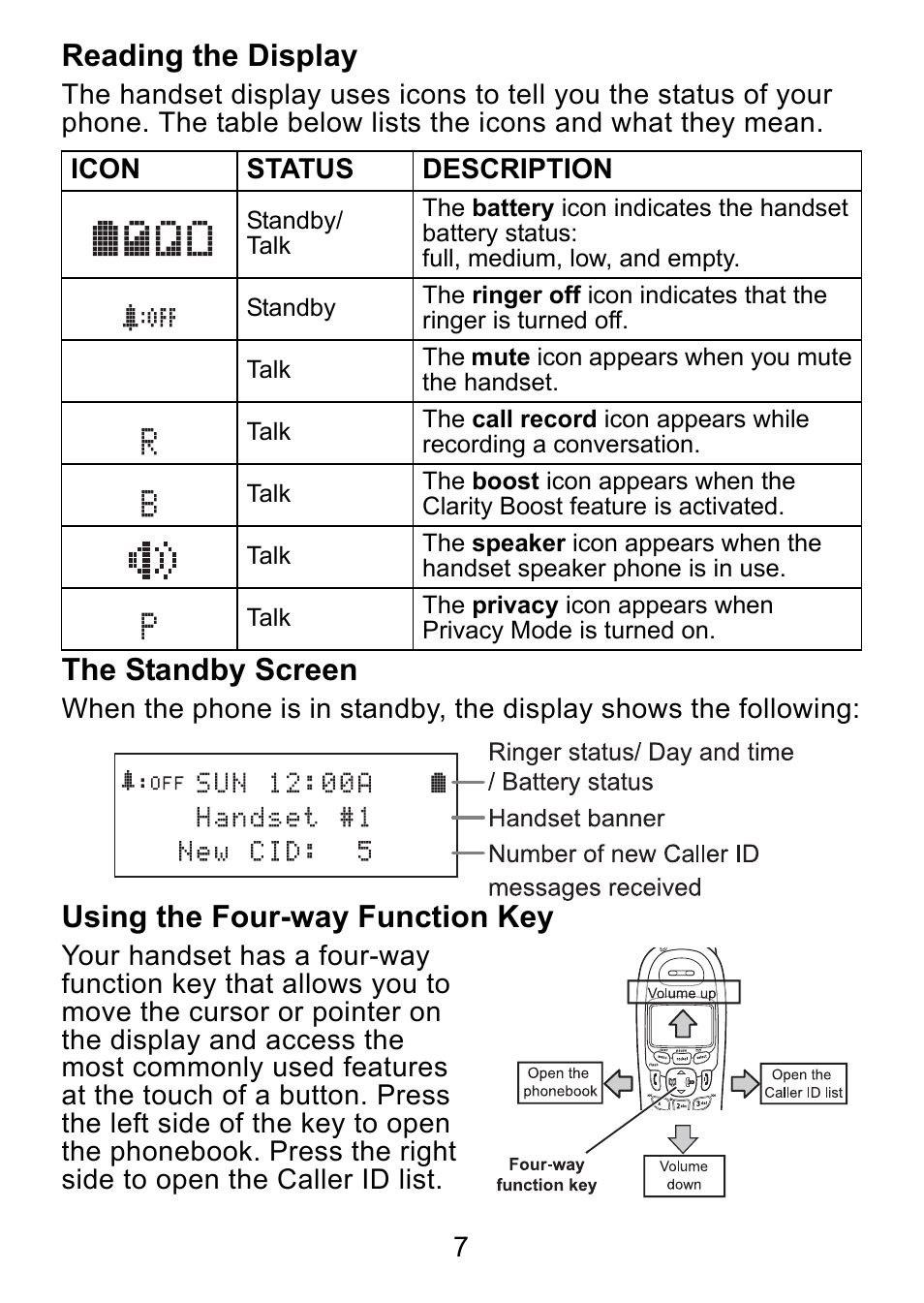 Reading the display, The standby screen, Using the four-way function key | Uniden DCX750 User Manual | Page 8 / 20