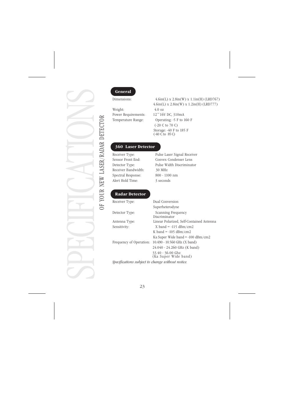 Specific at io ns | Uniden LRD 766 User Manual | Page 24 / 27