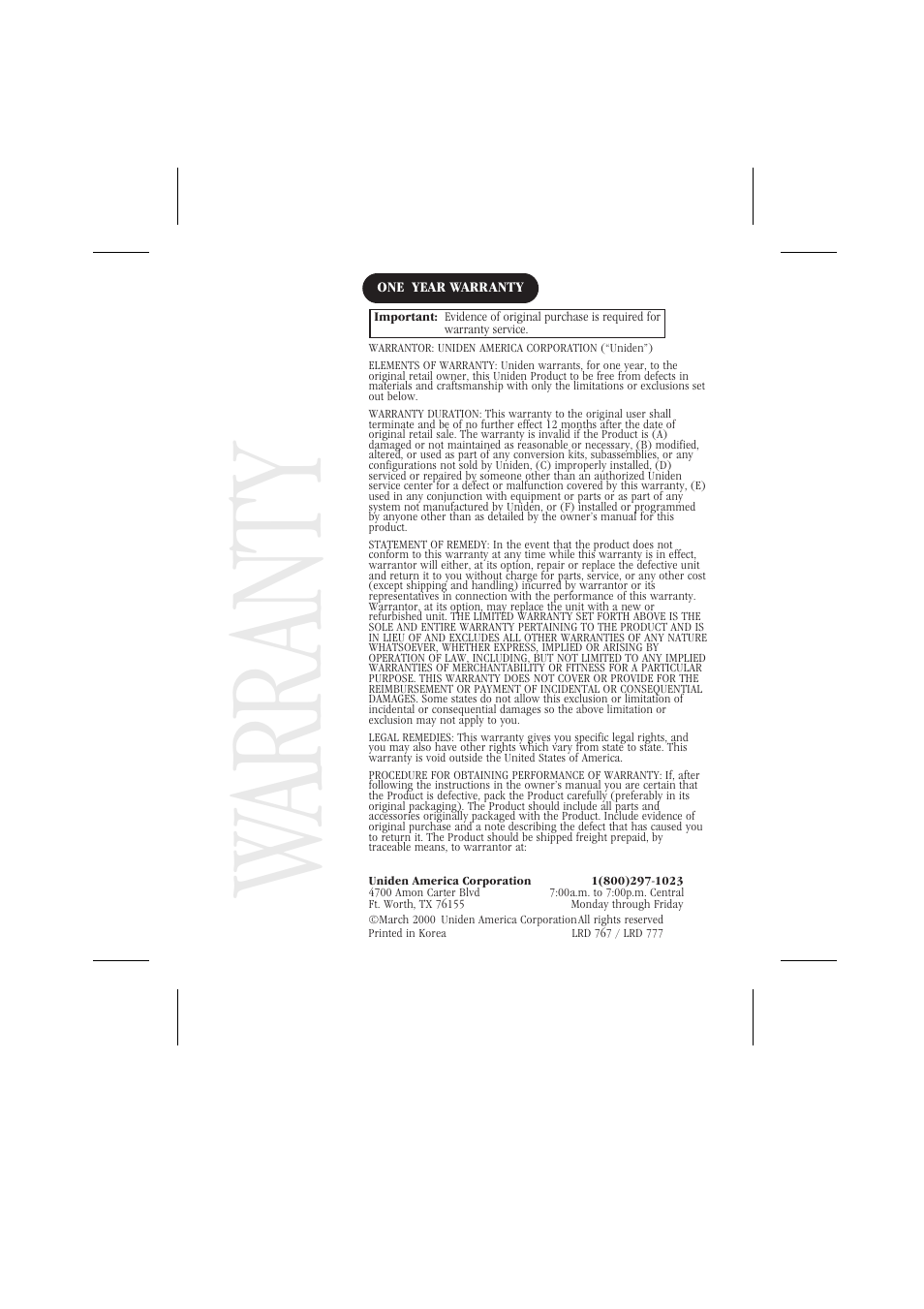 Warr ant y | Uniden LRD 766 User Manual | Page 25 / 27