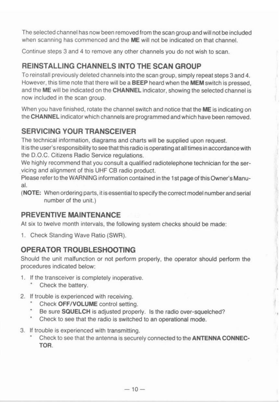 Reinstalling channels into the scan group, Servicing your transceiver, Preventive maintenance | Operator troubleshooting | Uniden UH-055 User Manual | Page 10 / 12