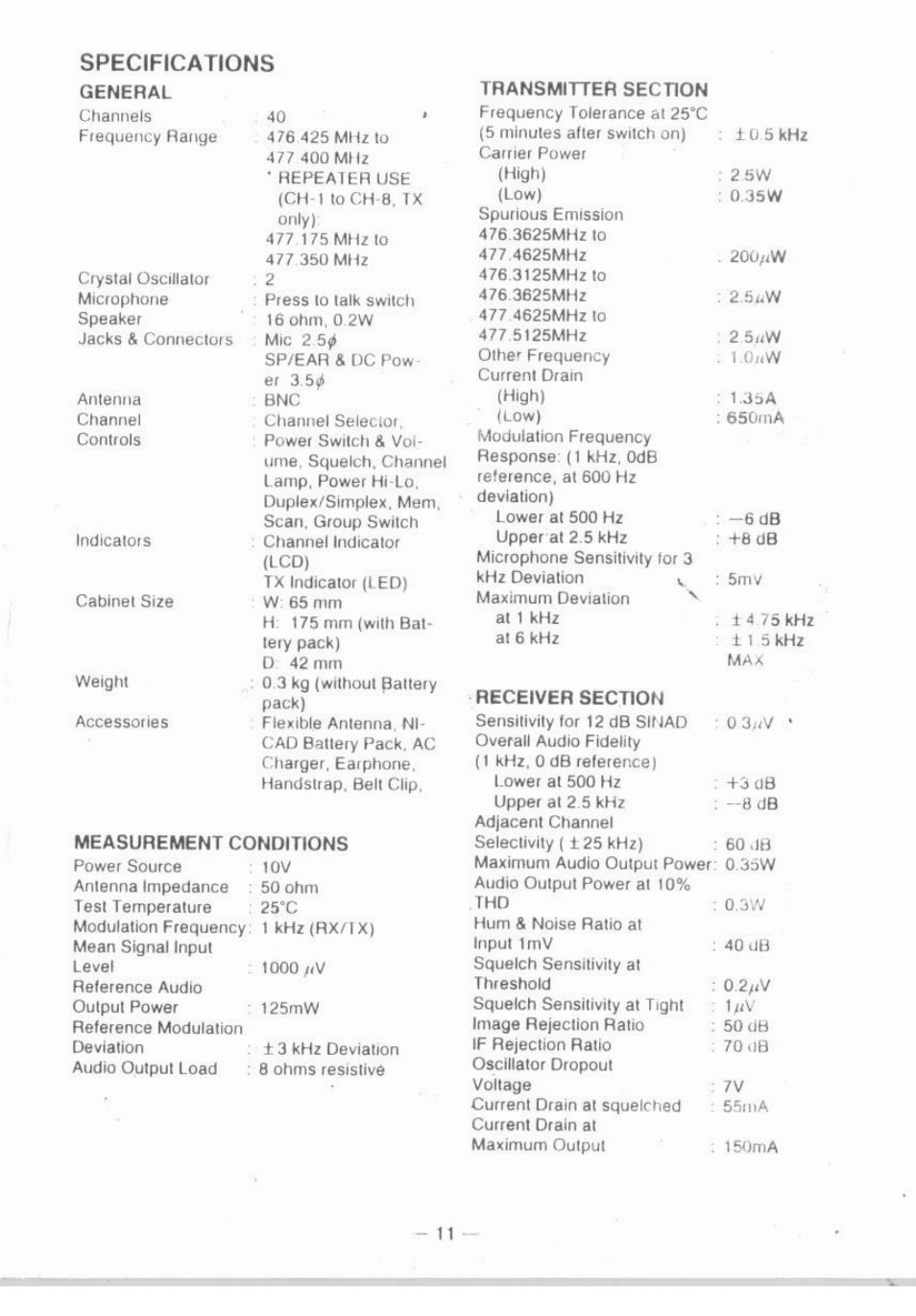 Transmitter section, Specifications | Uniden UH-055 User Manual | Page 11 / 12