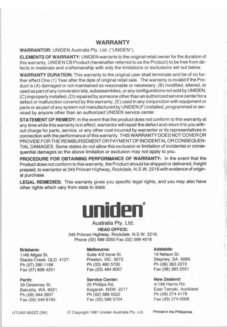 Head office, Uniden, Warranty | Uniden UH-055 User Manual | Page 12 / 12