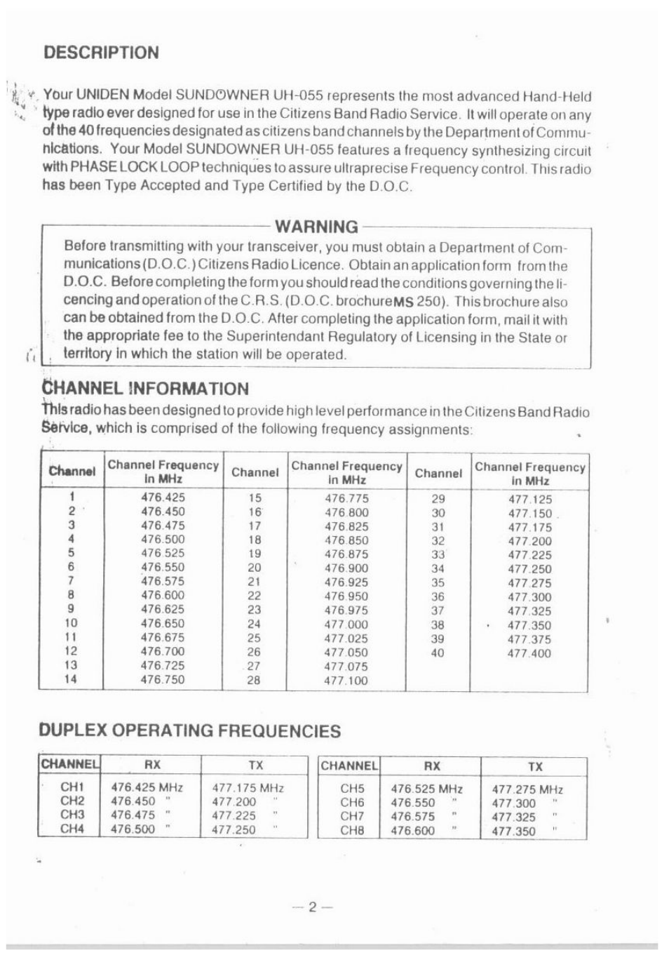 Description, Warning, This | Service, Duplex operating frequencies | Uniden UH-055 User Manual | Page 2 / 12