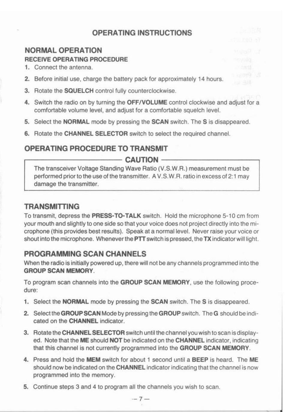 Operating instructions normal operation, Transmitting, Programming scan channels | Uniden UH-055 User Manual | Page 7 / 12